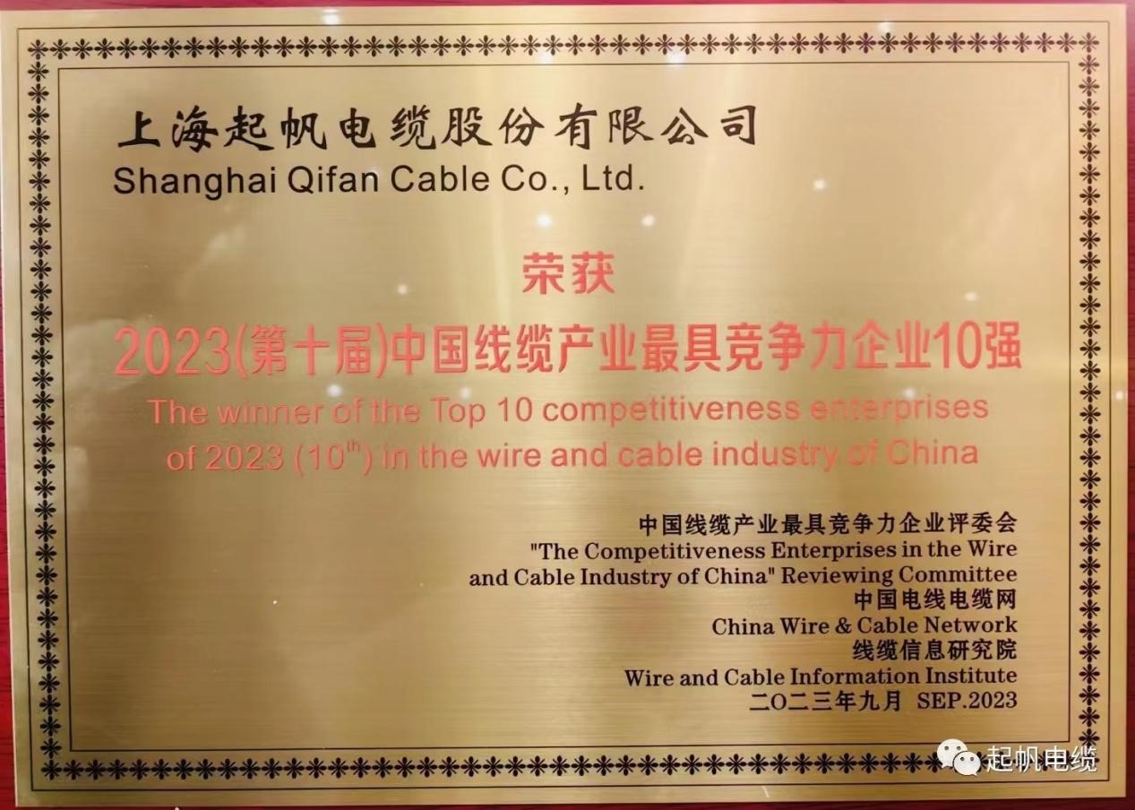 Qifan Revealed As the Winner of the Top 10 Competitiveness Enterprises of 2023 in the Wire and Cable Industry of China